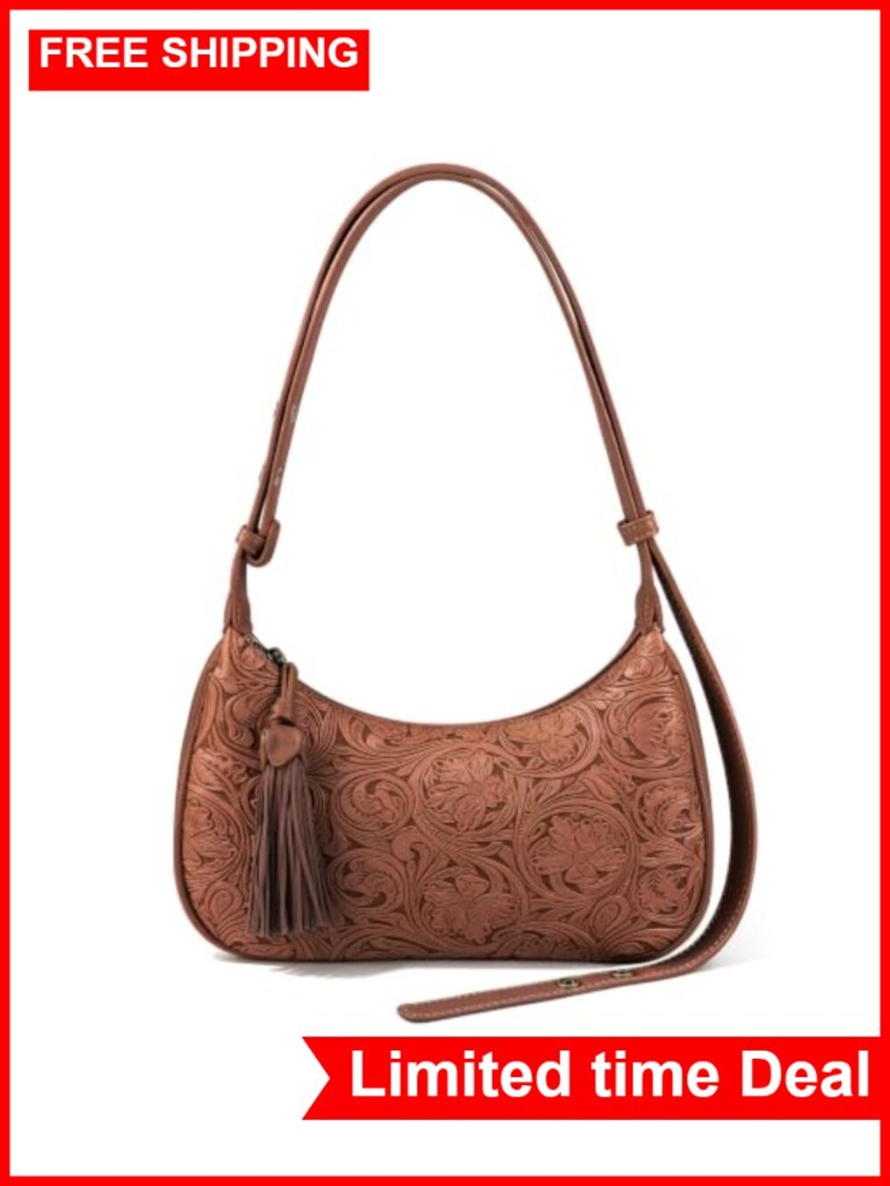 Vegan Leather Hobo Shoulder Bag Crossbody Purse with Tassel Floral Embossed